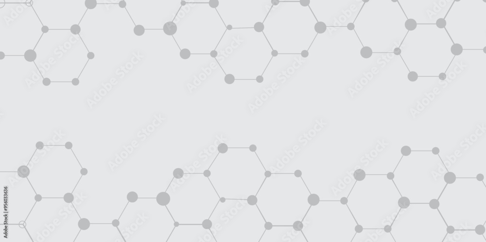 Poster Molecular structure abstract tech background. Geometric grey background. Vector banner design with hexagons. Science network pattern, connecting lines and dots Medical background, Vector illustration 