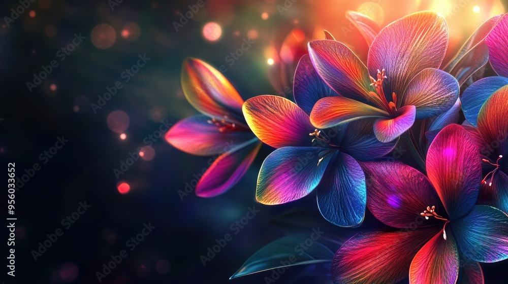 Poster Multi colored liris with a shimmering digital lens flare on a dark background presented in a horizontal format with a warm aesthetic