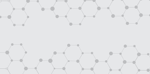 Molecular structure abstract tech background. Geometric grey background. Vector banner design with hexagons. Science network pattern, connecting lines and dots Medical background, Vector illustration 