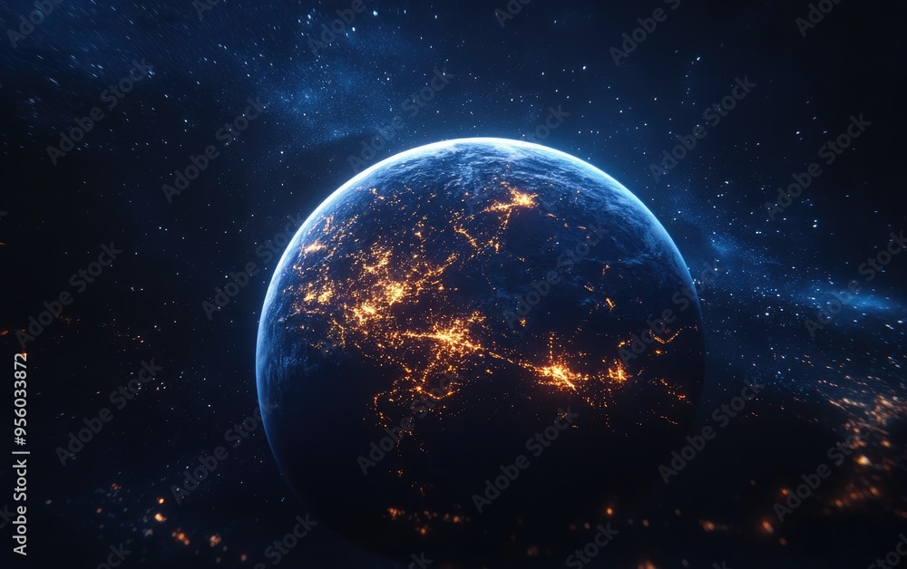 Poster Nightly Earth depicted in outer space through 3D cartoon rendering Abstract wallpaper showcasing city lights and civilization on the planet