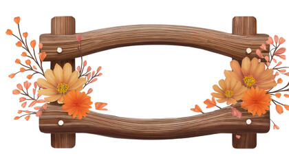 Wooden frame with autumn leaves and flowers, isolated on transparent background