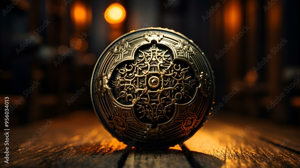 Poster a round gold object with a design on it.