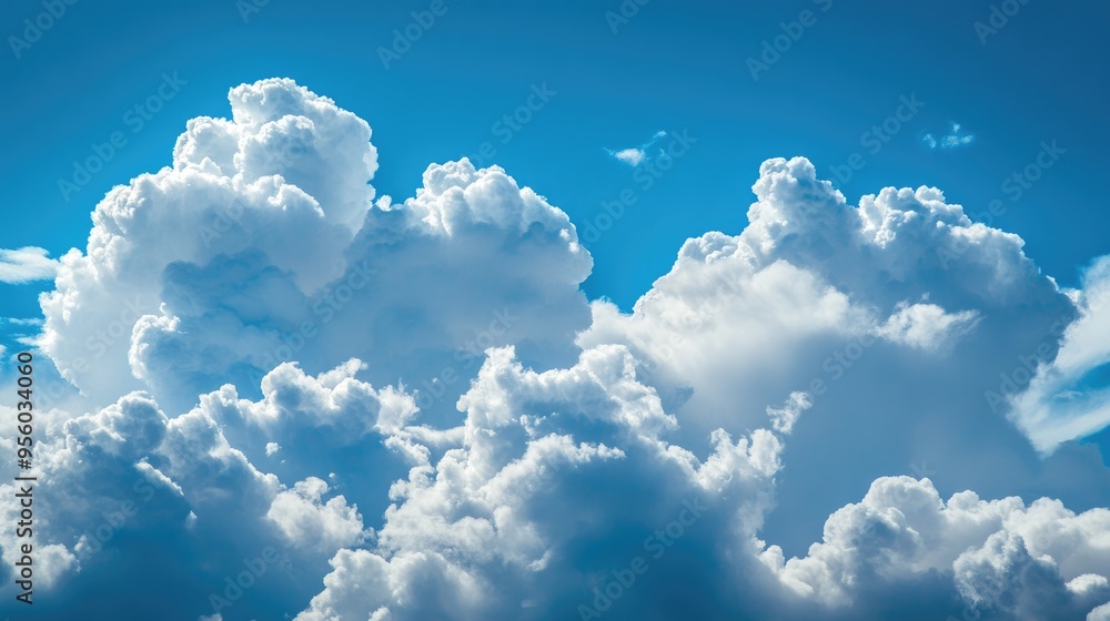 Poster neatly organized clouds serve as a backdrop featuring a composition of dark clouds set against the s