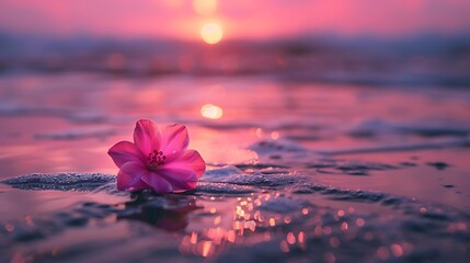 Flower in the distance of a pink sunlight and the water on the sand