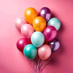 Bunch of bright balloons isolated on pink background