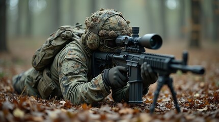 Fototapeta premium Camouflaged sniper patiently observing the battlefield for targets