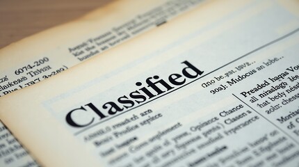 Close-up of classified text documents with focus on classified section