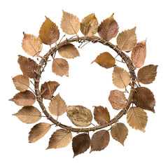 Wreath of autumn flowers and leaves, isolated on transparent background