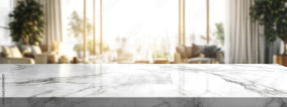 Poster White marble table surface with blurred abstract interior background suitable for product display or montage