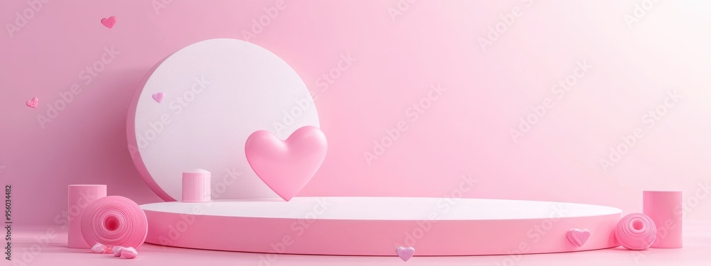 Aufkleber cosmetic product display stand featuring a pink and white round cylinder podium embellished with hea