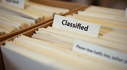 Close up of classified document folders in office filing system