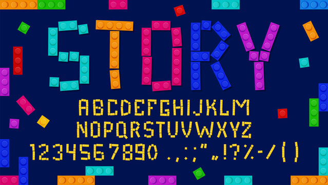 Brick block font or game type for kids typeface, vector English alphabet letters. Kids toy plastic constructor blocks or construction bricks font for cartoon typography and colorful game font type