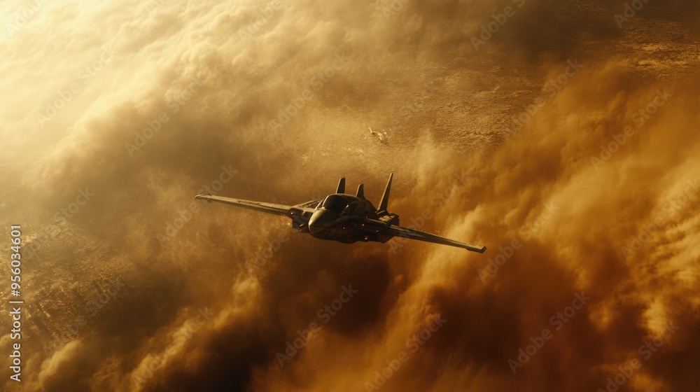 Poster futuristic flight traversing a digital landscape with brown dust particles creating an abstract visu