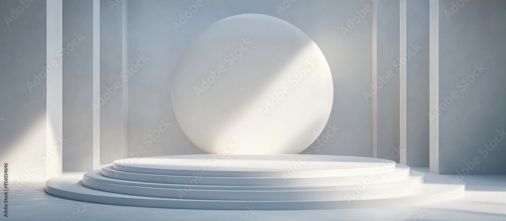 Poster empty round stage featuring abstract geometric designs in a blank space with white walls modern conc