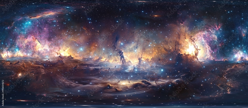 Leinwandbilder 360 degree panorama of a space nebula in 3D cartoon rendering featuring an equirectangular projection and HDRI spherical environment map highlighting a backdrop of stars and nebulae