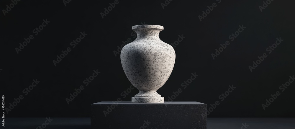 Poster decorative stone vase positioned on a podium against a black background high resolution 3d rendering