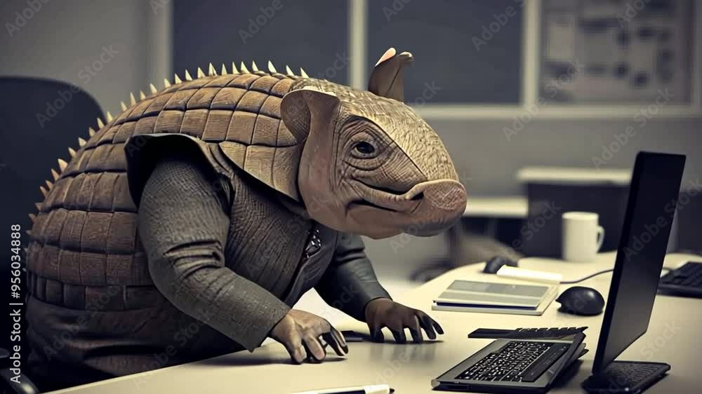 Poster armadillo dressed in business attire working at a desk generative ai