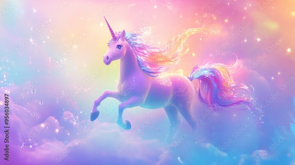 Poster Holographic background featuring a 3D cartoon rendering of a unicorn with fluid elements designed as a colorful girly flyer Soft multicolor invitation showcasing shiny glitter abstract texture and