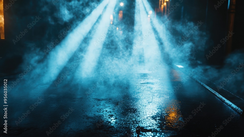 Poster empty backdrop scene featuring dark street reflections on wet pavement neon light rays illuminate th