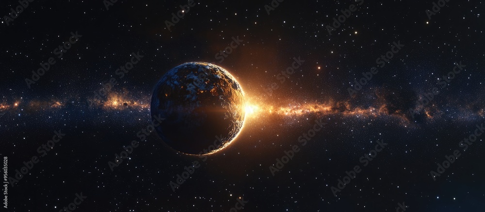 Poster Panoramic view of the sun stars and galaxy in a 3D cartoon rendering A broad perspective from space focusing on ecology the environment and Earth Day themes