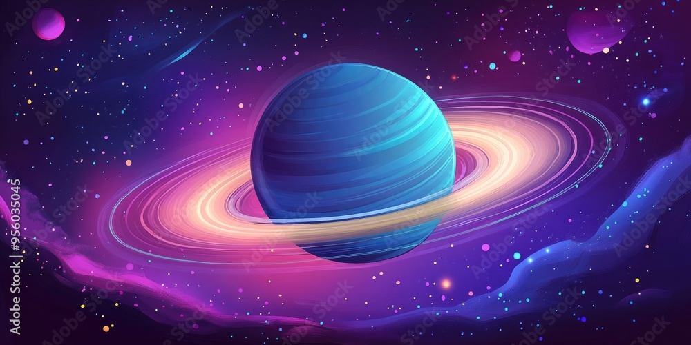Poster Hand drawn 3D cartoon rendering of Saturn in a futuristic space setting with light elements