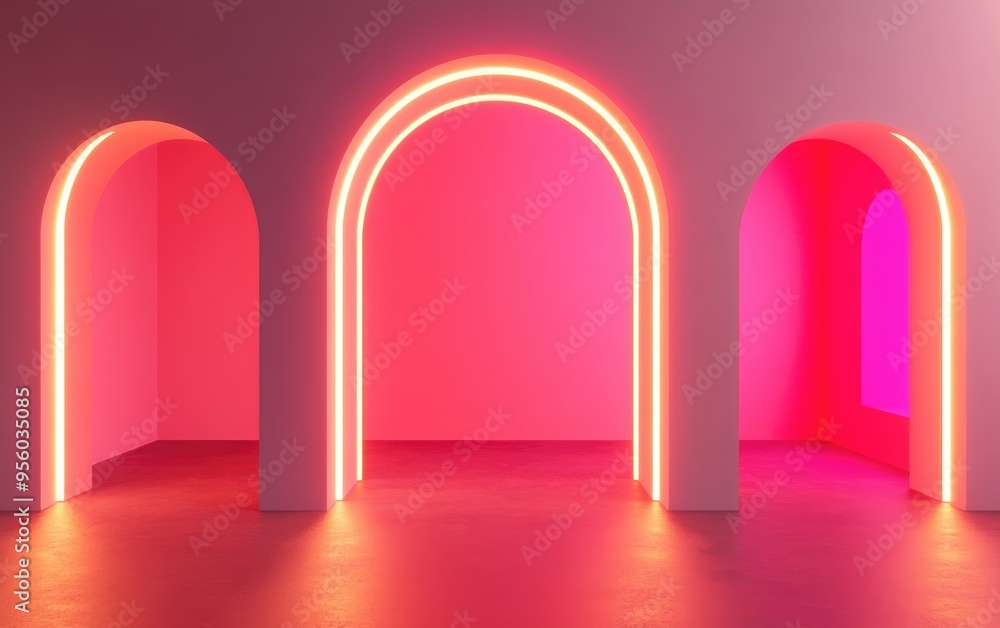 Poster empty room interior featuring archway openings with ambient lighting 3d rendering