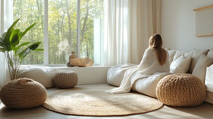 Scandinavian living room, soft textiles like plush cushions and a wool throw, neutral color scheme, light wood accents, large windows providing natural light, cozy and serene space, minimalist design,