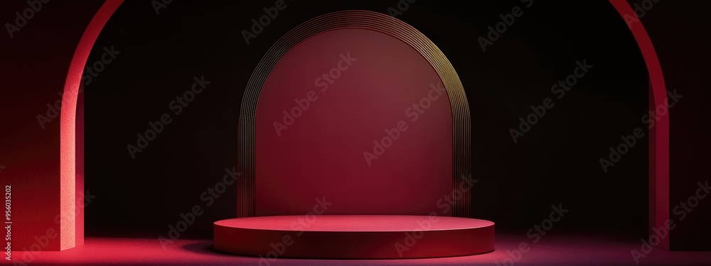 Poster minimalistic scene featuring a podium arch and abstract backdrop geometric shapes in garnet color se