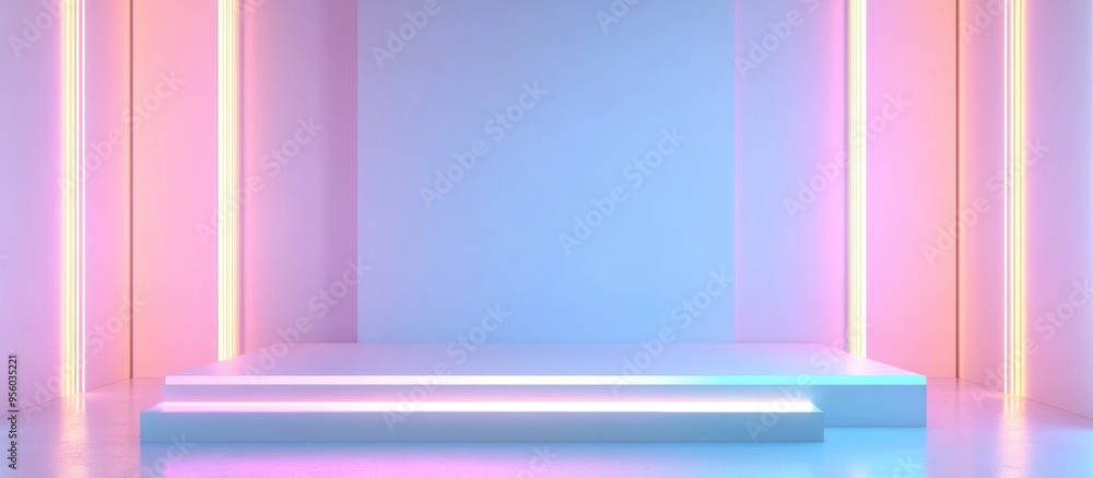 Aufkleber blank product display with neon lights against a pastel blue and white backdrop 3d rendering