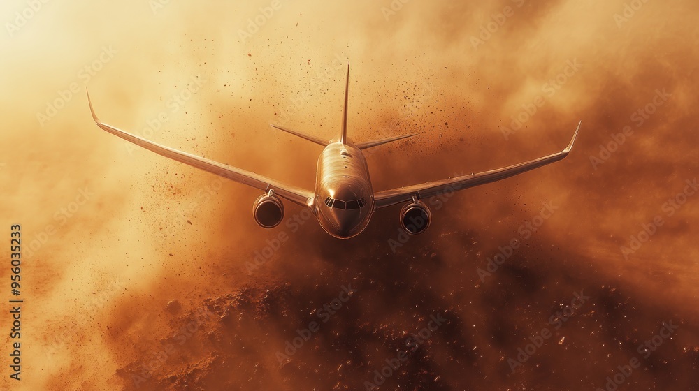 Poster futuristic flight traversing a digital landscape with brown dust particles creating an abstract visu