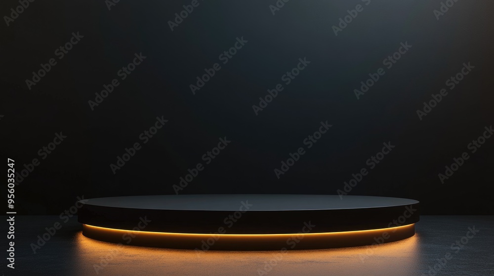 Poster Black podium or pedestal illuminated against a dark backdrop featuring a cylindrical stand Empty product shelf serving as a display background 3D rendering