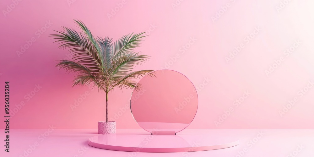 Poster round podium and glass screen on a pink background with a small palm tree natural display minimalist