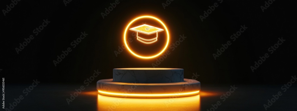 Poster gold glossy icon representing a graduate on a white marble podium contemporary symbol for web social