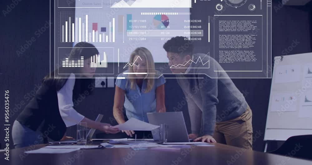 Poster business team analyzing documents with data visualization animation over them
