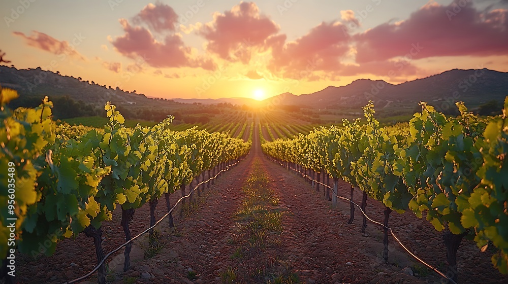 Poster A peaceful vineyard at sunset, rows of grapevines glowing in the fading sunlight, with a distant mountain range silhouetted against the colorful sky, soft and warm ambiance, HD quality, rich colors,