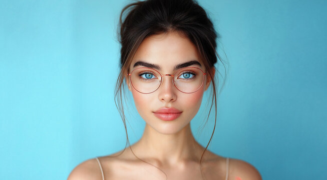Young woman with glasses posing confidently against blue background, 20s brunette lady with natural beauty and clean pores