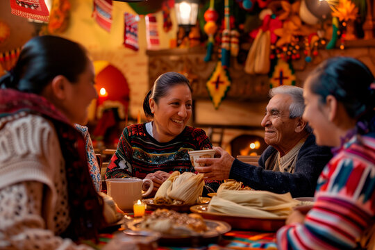 Family Sharing Tamales Around a Table During a Posada
