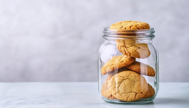 Cookies in a glass jar, fresh and delightful tones, space for text