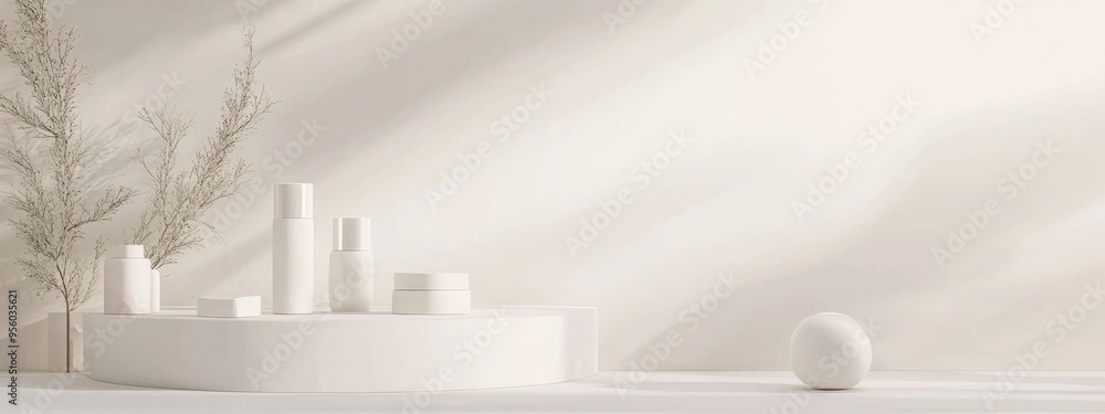 Poster modern white backdrop with a white podium displaying geometric cosmetic products 3d rendering