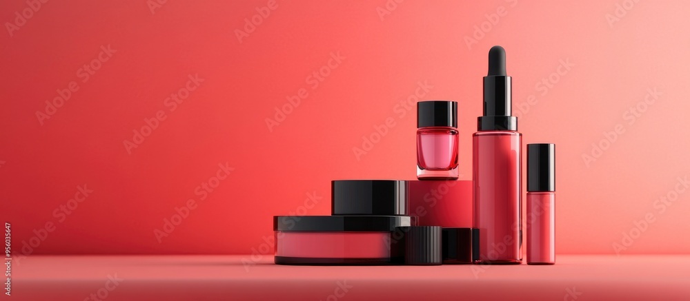 Poster Cosmetic products displayed against a red background 3D rendering design