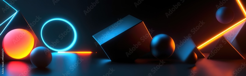 Poster geometric shapes in black and gold on a dark background for potential product use 3d rendering
