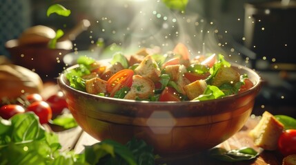 Fresh Salad with Croutons and Tomatoes in a Wooden Bowl