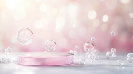 Cosmetics display stand featuring a glass podium on a bright backdrop with 3D rendered cosmetics bubbles in a blurred background