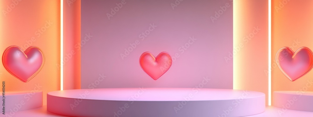 Poster cylindrical display podium featuring heart designs against a white background 3d rendering