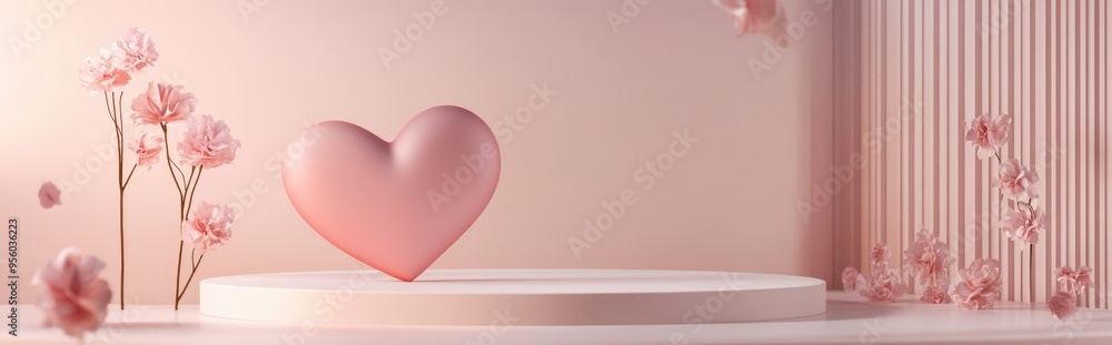 Poster minimalist heart shaped background mockup featuring a pedestal scene for product display 3d renderin