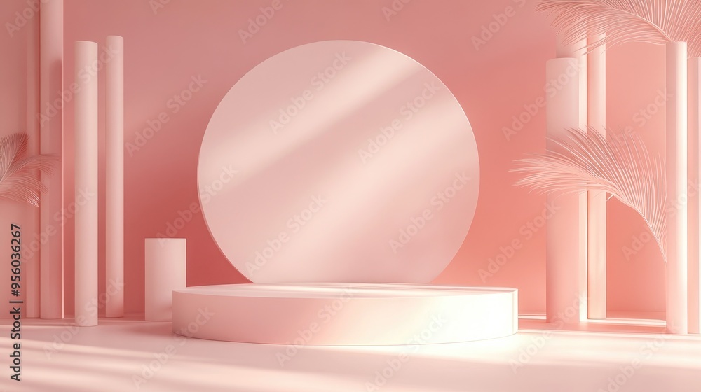 Poster Premium podium and stand with a pastel light pink background 3D rendering layout featuring a geometric cube composition