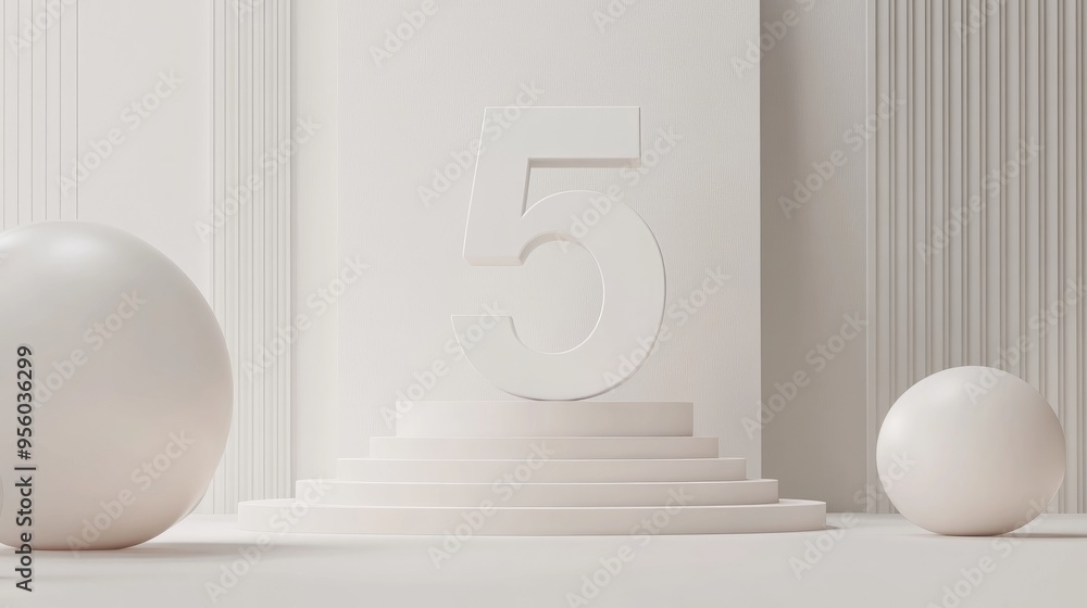 Poster Podium for mockup presentation in white color minimalistic style featuring the number 5 with ample copy space and an abstract 3D render background design
