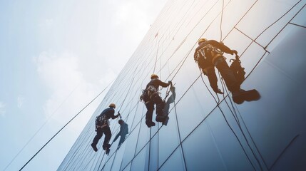 high-rise building maintenance workers performing maintenance work outside the building against a bright background of a clear sky ,generative ai