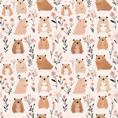 Gardinen Kinderzimmer Muster  Seamless pattern featuring capybaras and delicate floral elements on a soft cream background  © Thitiporn