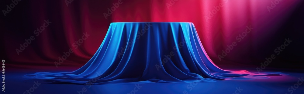 Poster presentation pedestal draped in blue fabric serving as a display for awards or prizes 3d render illu